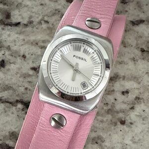 Y2K Leather Fossil Silver Case Watch with Pink Strap